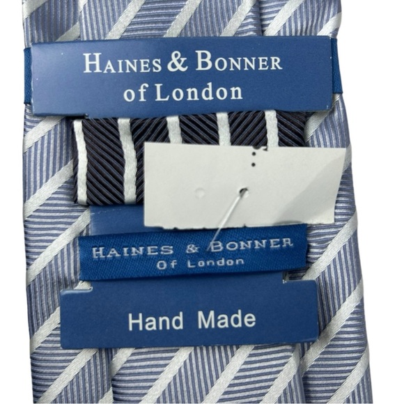 HAINES & BONNER Of London Handmade Silk Tie Blue and White Stripes. New - Picture 10 of 12